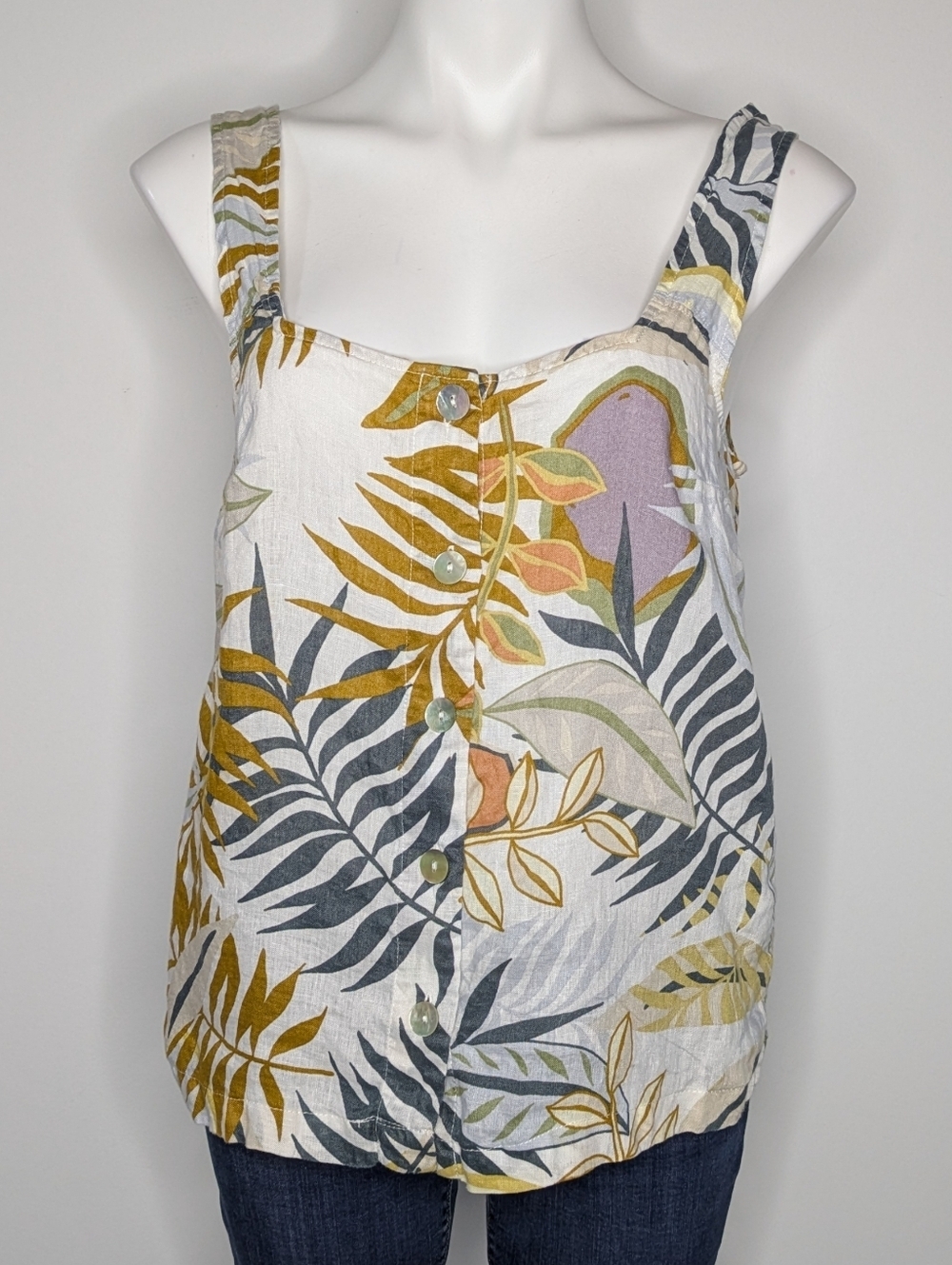 C&C California White Yellow Blue Tropical Square Neck Linen Button Up Tank Top M - Picture 1 of 8